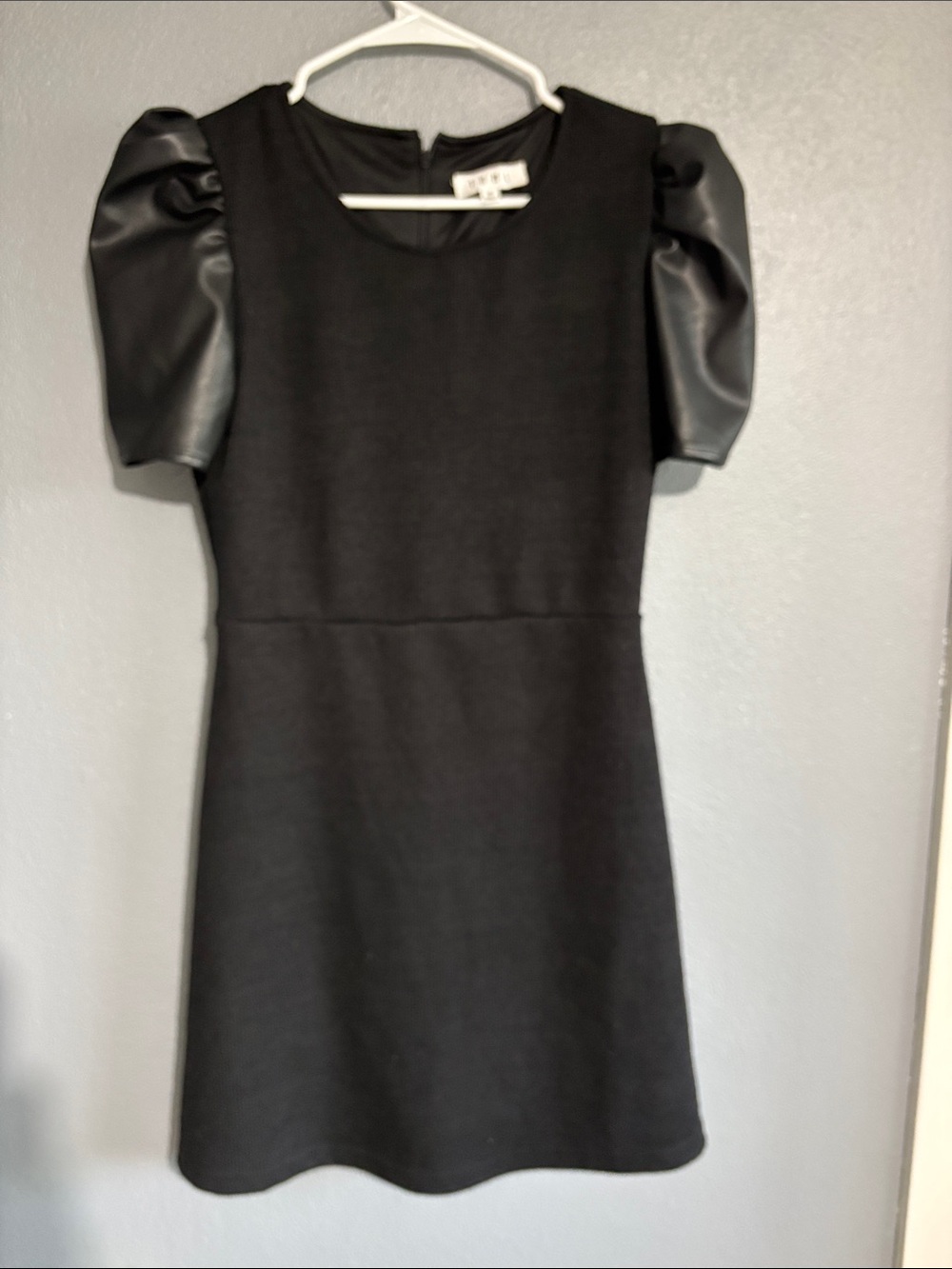 THML Puff Sleeve Black Dress with Faux Leather Sleeves